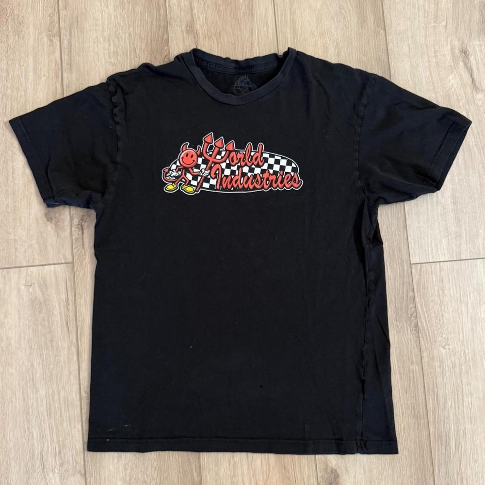 World Industries Black T-shirt with red and white checkered graphic Size Medium
